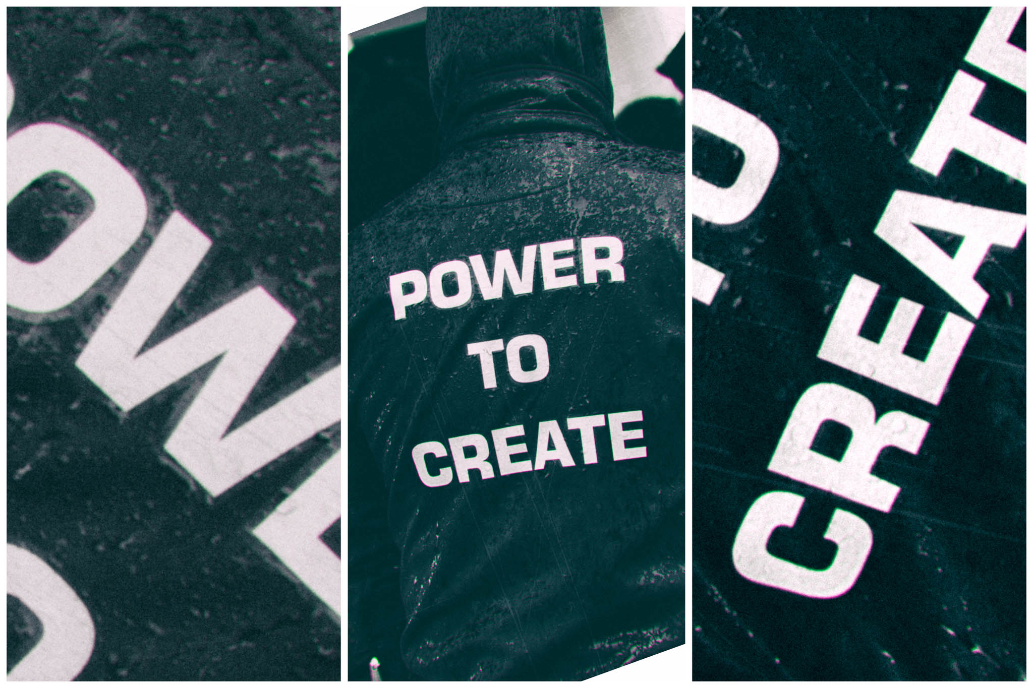 Close-up of a rain-drenched jacket with the phrase “Power to Create” in bold white letters.