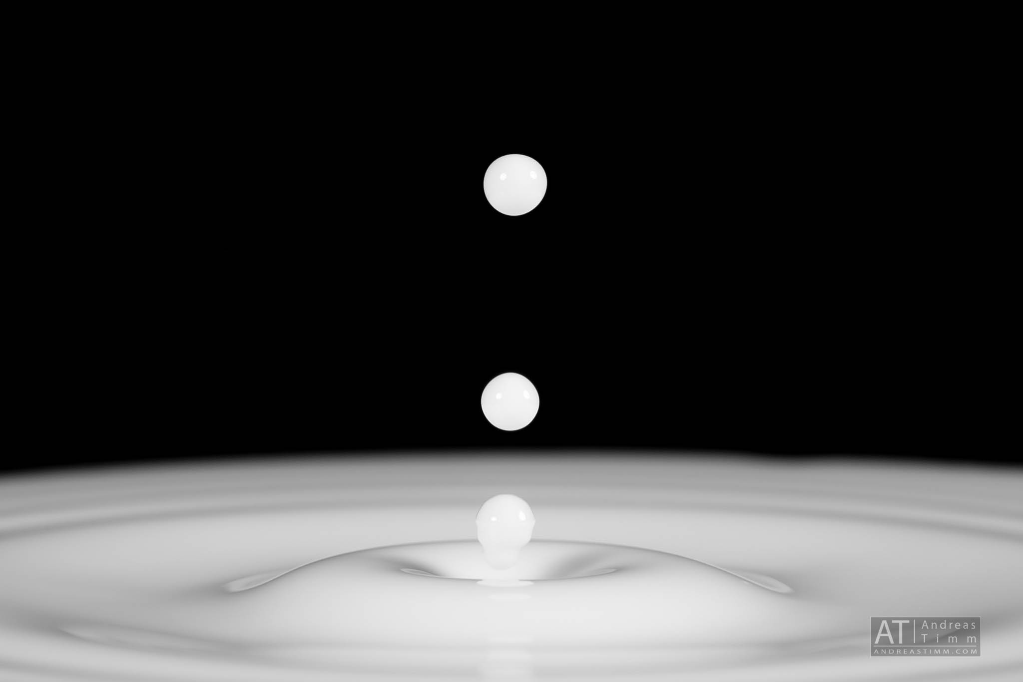 Two milk droplets midair above rippling milk surface against black background.
