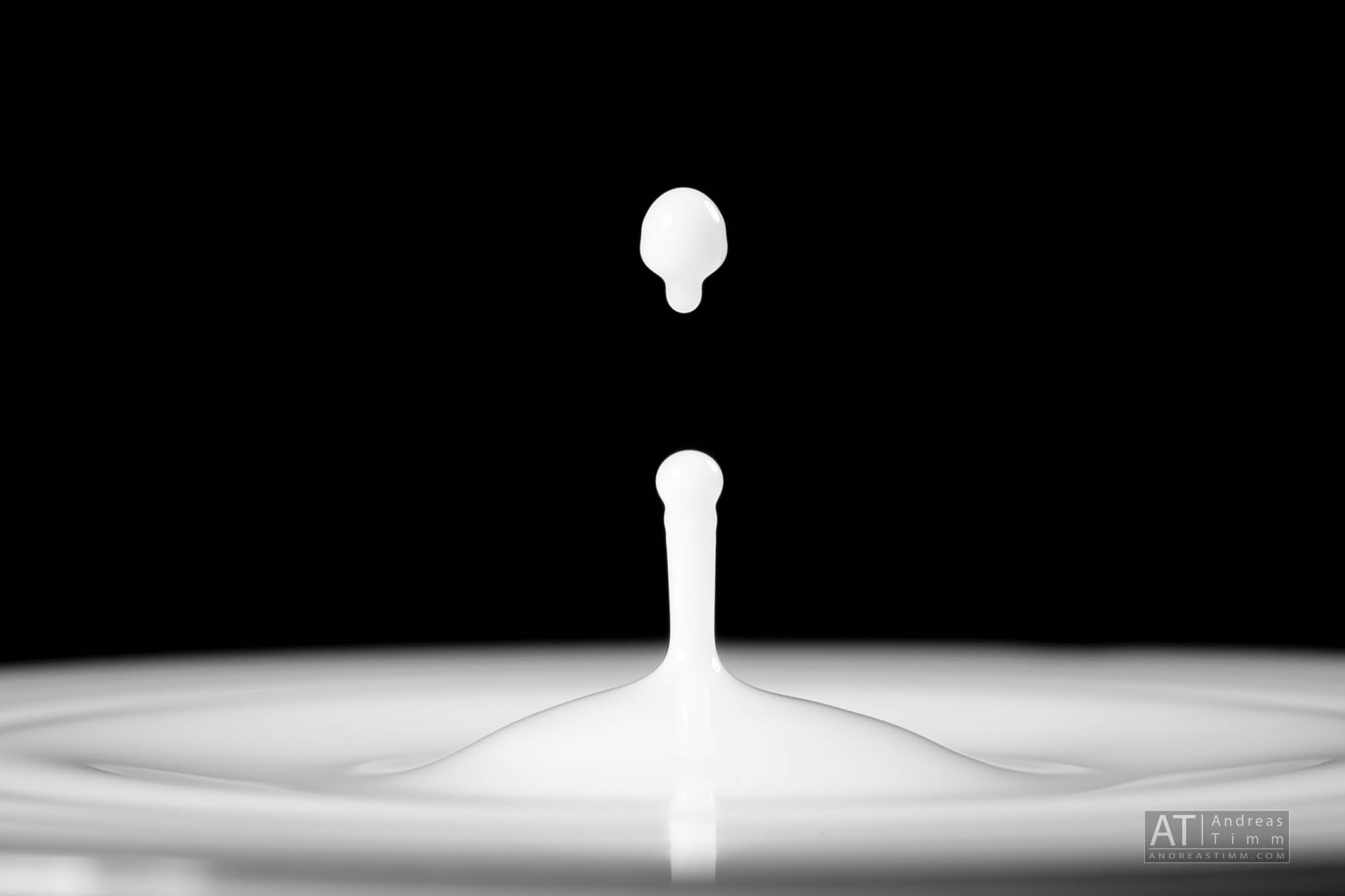 Milk droplet splashes into a smooth surface creating a crown effect against a black background.