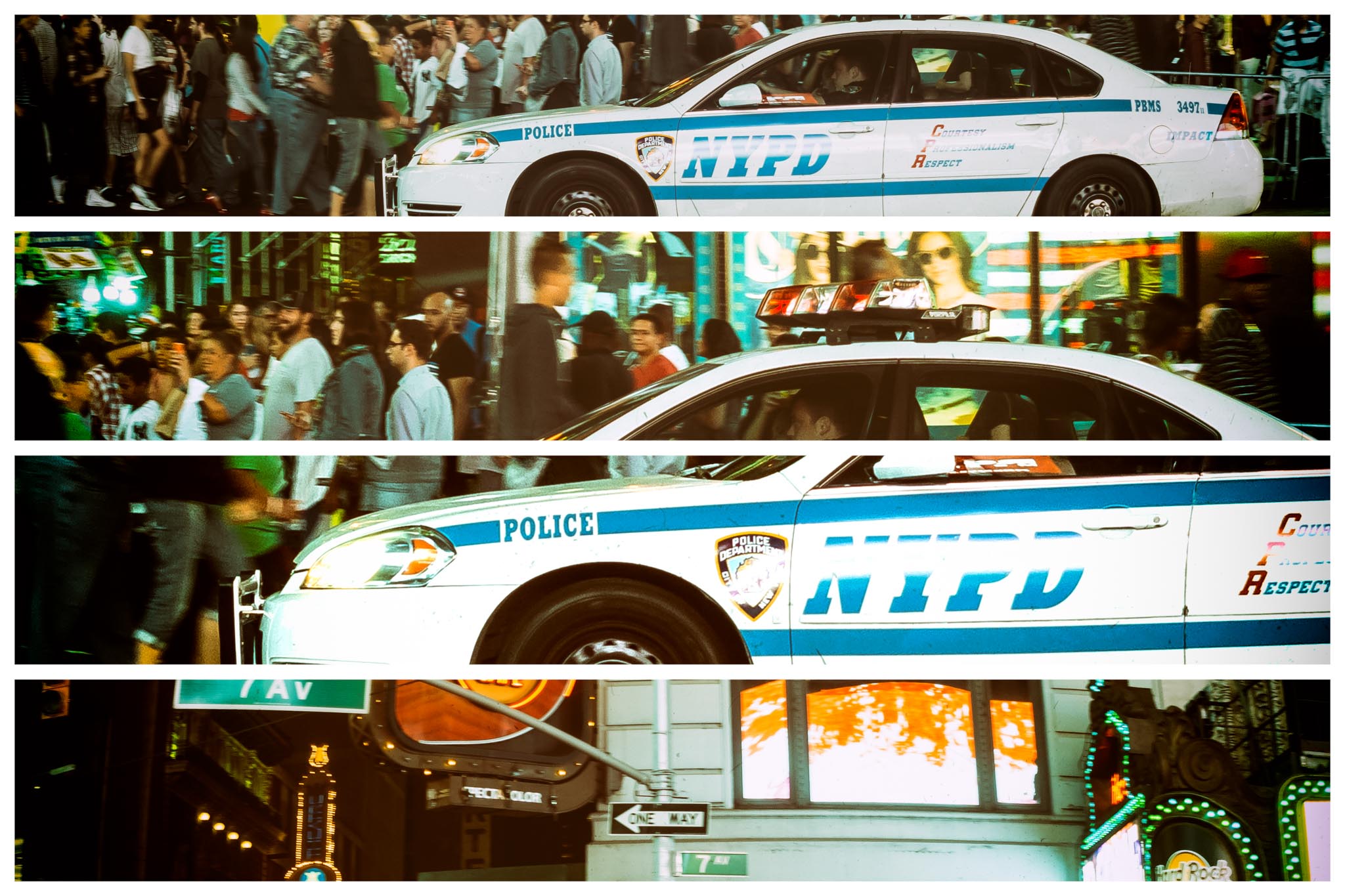 NYPD police car driving through busy street at night, surrounded by crowds and illuminated signs.