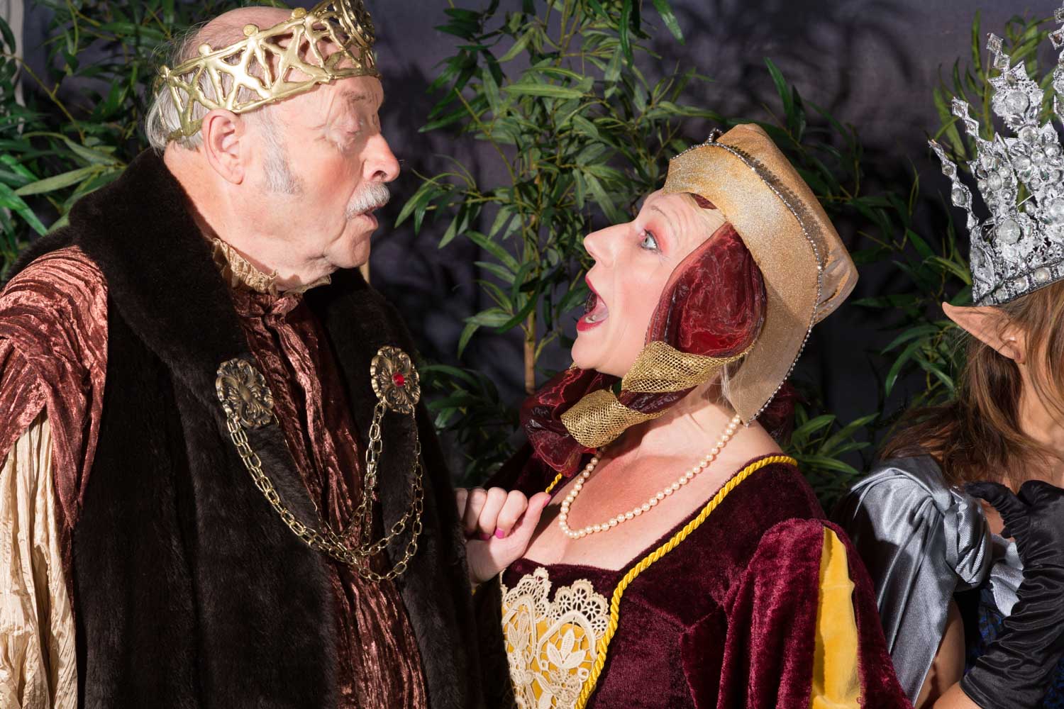 Elderly king and woman in medieval costumes arguing intensely, with trees in the background.