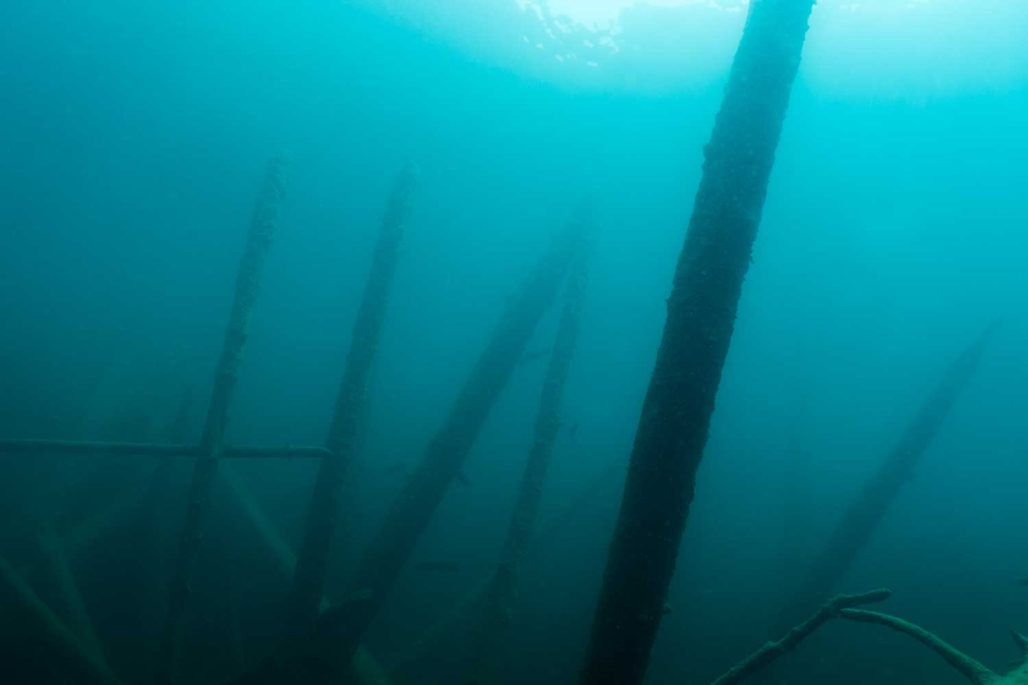 Submerged wooden poles beneath water, viewed in a hazy blue underwater scene.