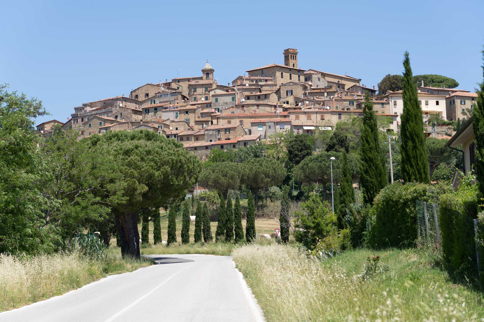 Scenic view of a quaint hillside village in Tuscany surrounded by trees, seen from a winding rural road in summer.