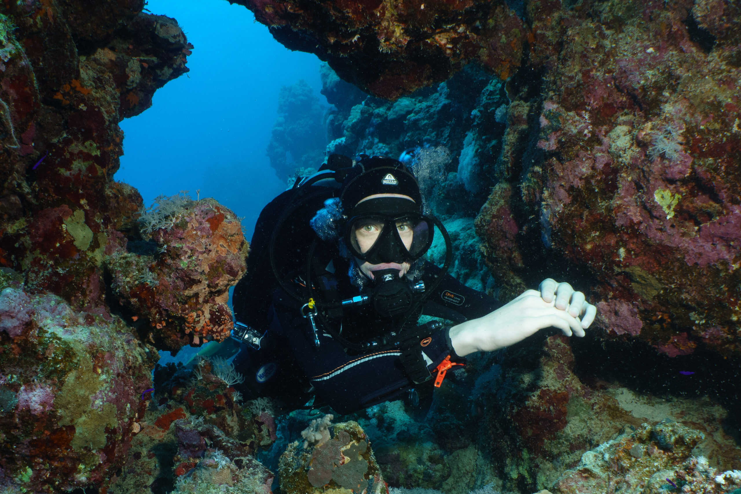 Scuba diver in a wetsuit exploring a vibrant coral reef passage underwater.